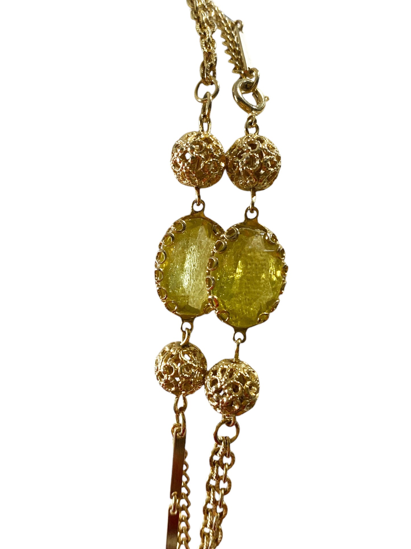 #6392 Vintage Gold tone and Greens Faux Citrine Long Necklace 26" H
