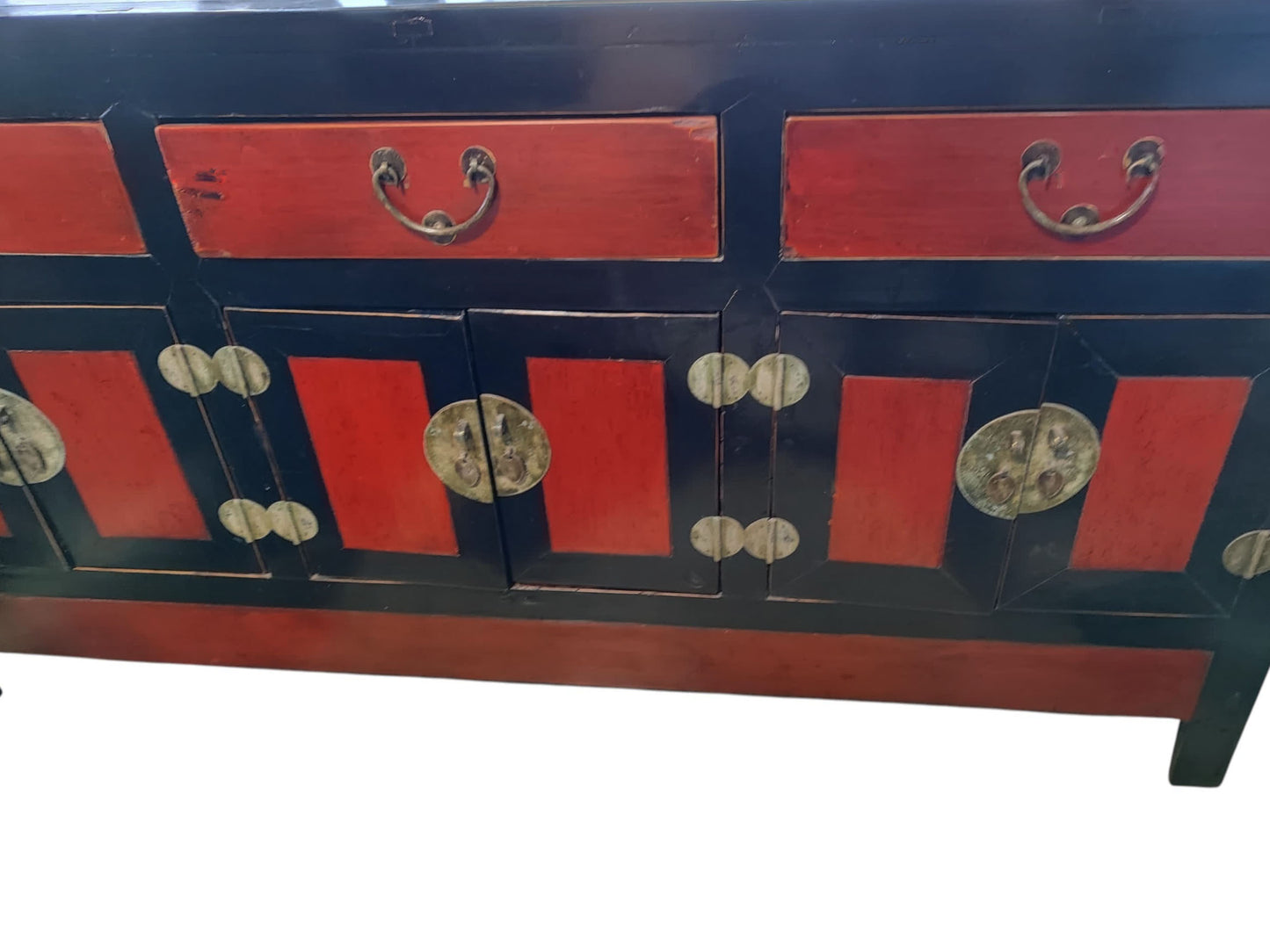 #6461 Vintage Mongolian Hand painted Elm Wood Cabinet W/ Six Doors