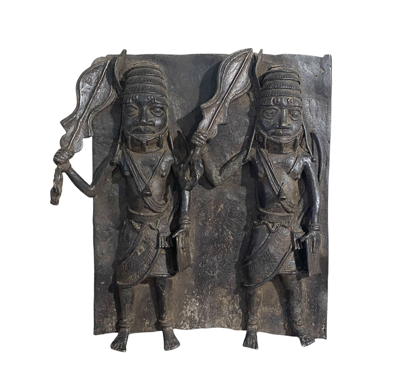 #3877 Vintage  Large African Benin Bronze Plaque W/ Warriors 18.25" H