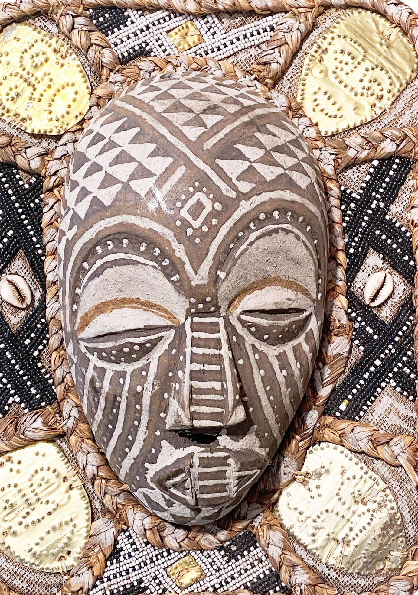 #6806 Vintage African Art Hand Carved Beaded Kuba Mask 13.5" H