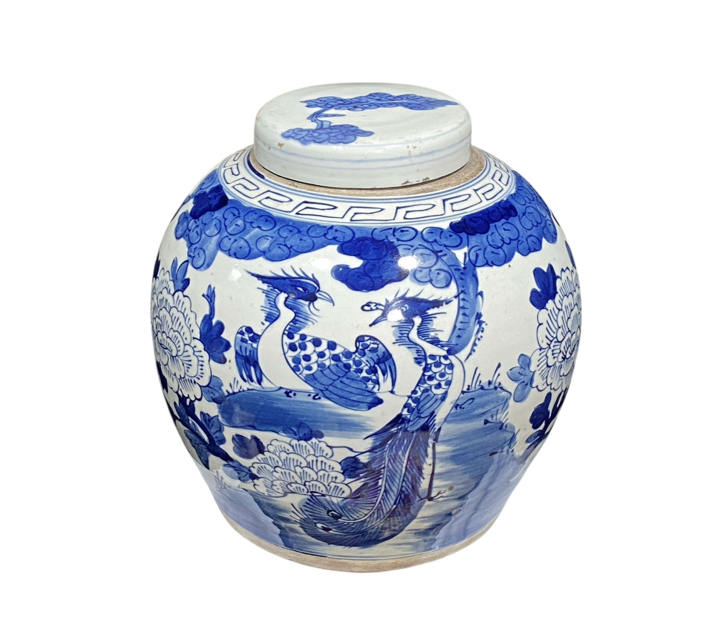 #2319 Vintage Chinese LG B & W Phoenix Porcelain Ginger Jar 11.5"