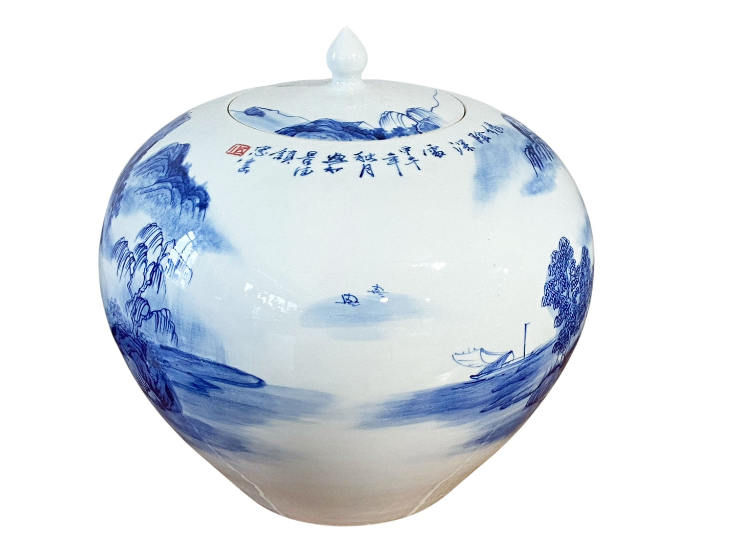 #6761 Vintage Chinoiserie B & W Porcelain Ginger Jar W/Scenery 12" H