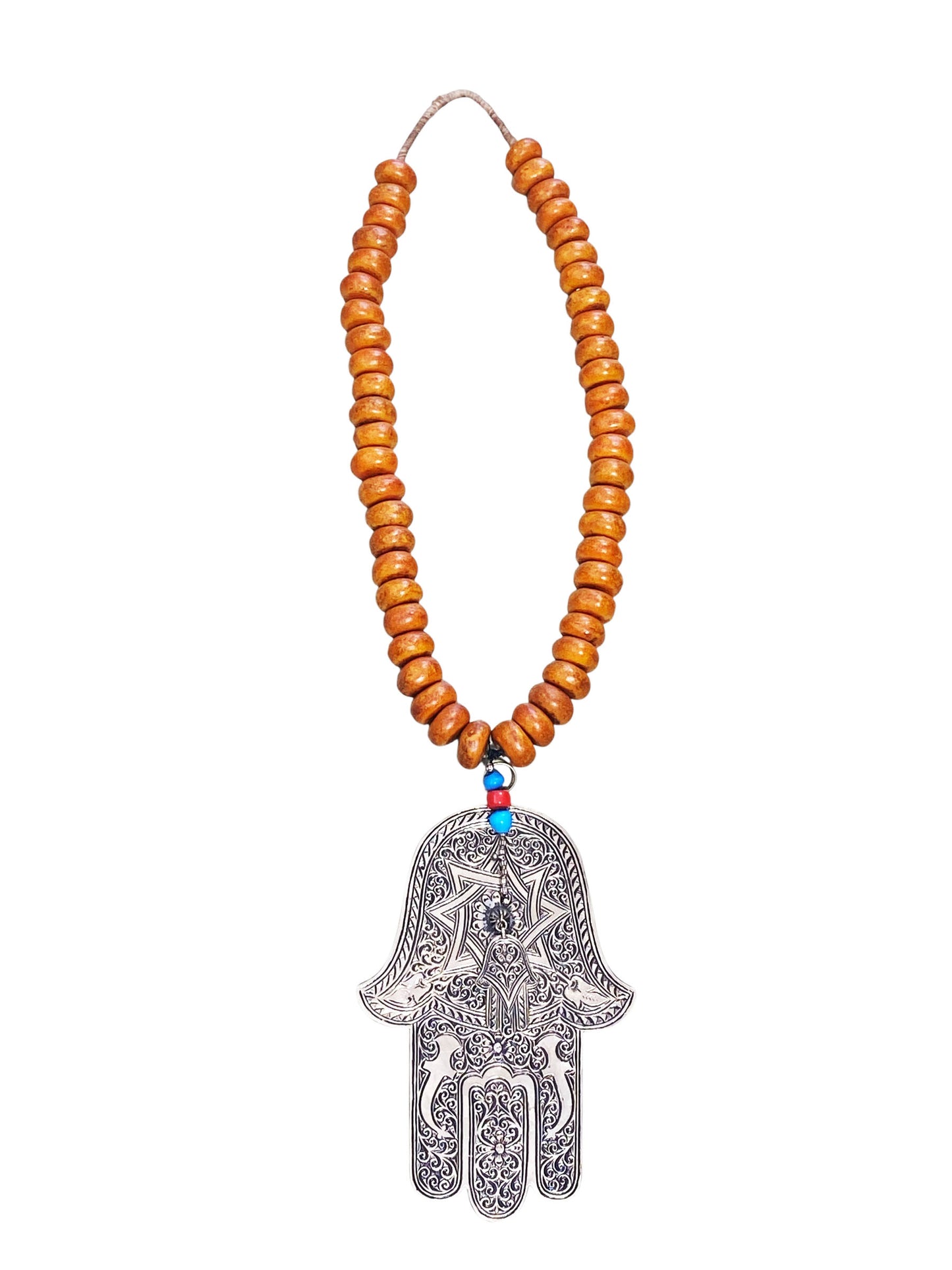 #4557 Vintage Amber necklace W / Moroccan Silver Hamsa / Hand Of Fatima 30.5" H