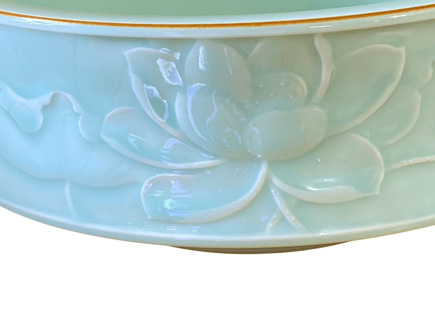 #135 Chinoiserie Hand Carved Celadon Bowl with Lotus Flower 10.25" D