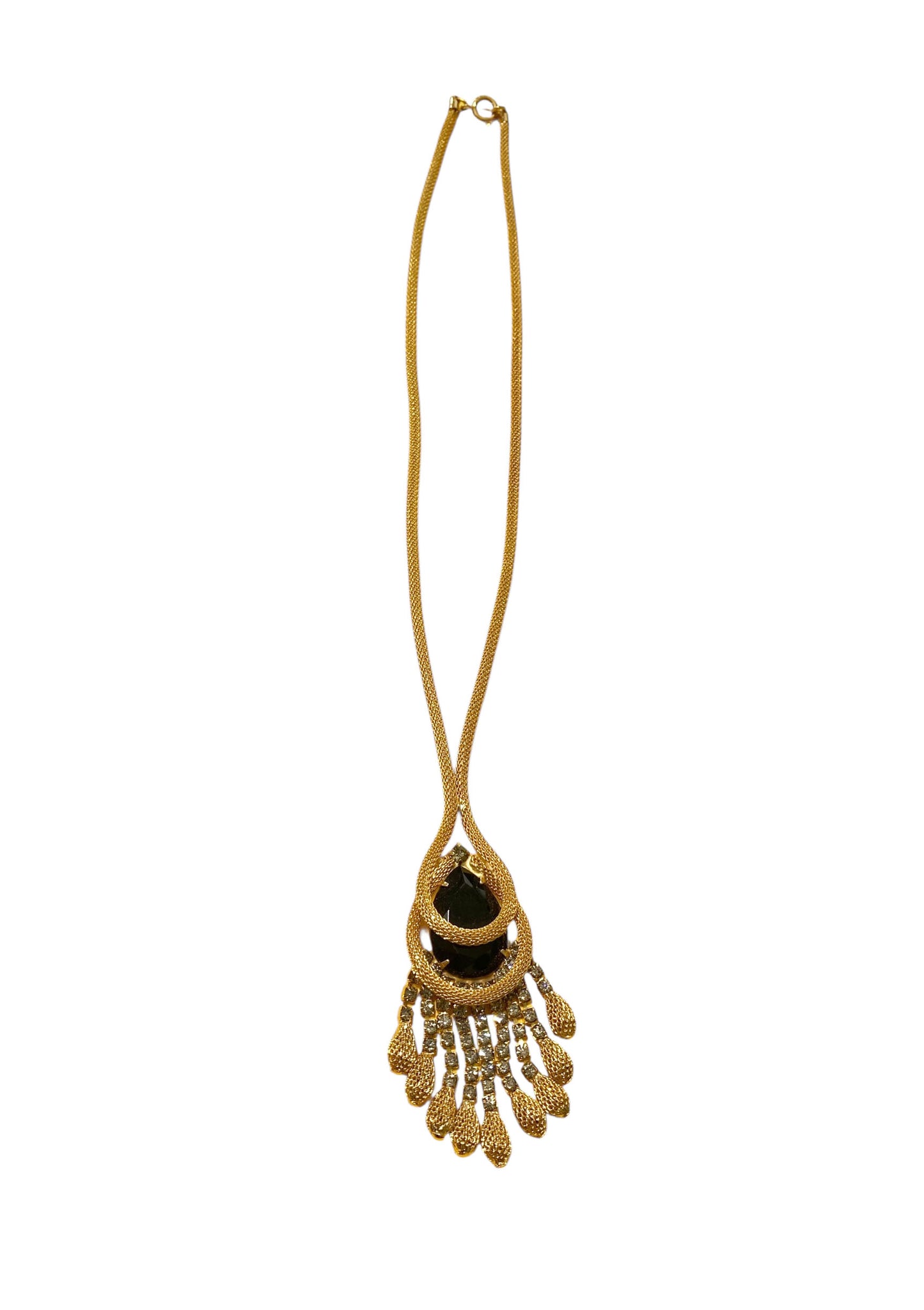#14 Vintage Gold-tone Mesh Chain W/Black Faceted Pendant Stone Necklace