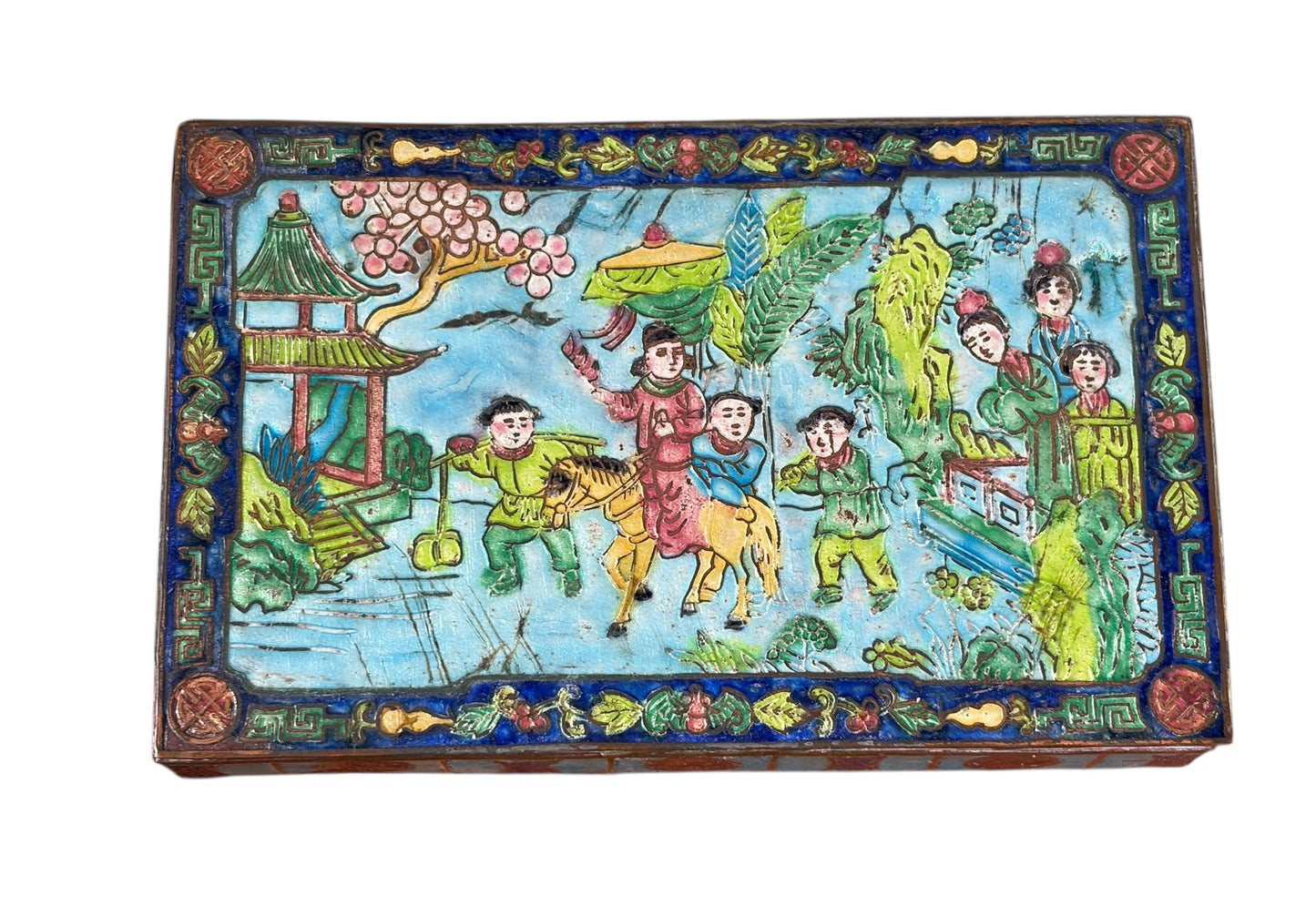 #633 Vintage Chinoiserie Enamel Repousse on Brass Hinged Chinese Box