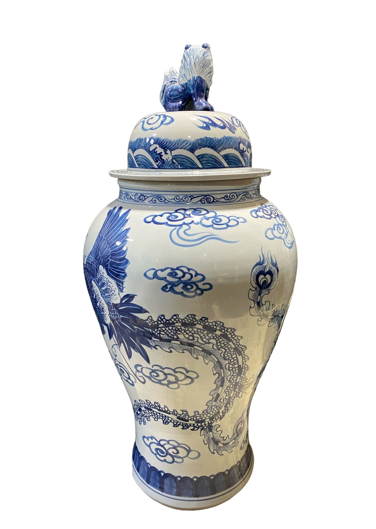 #7198 Large Chinoiserie Porcelain Ginger Peacocks Jar 37" H