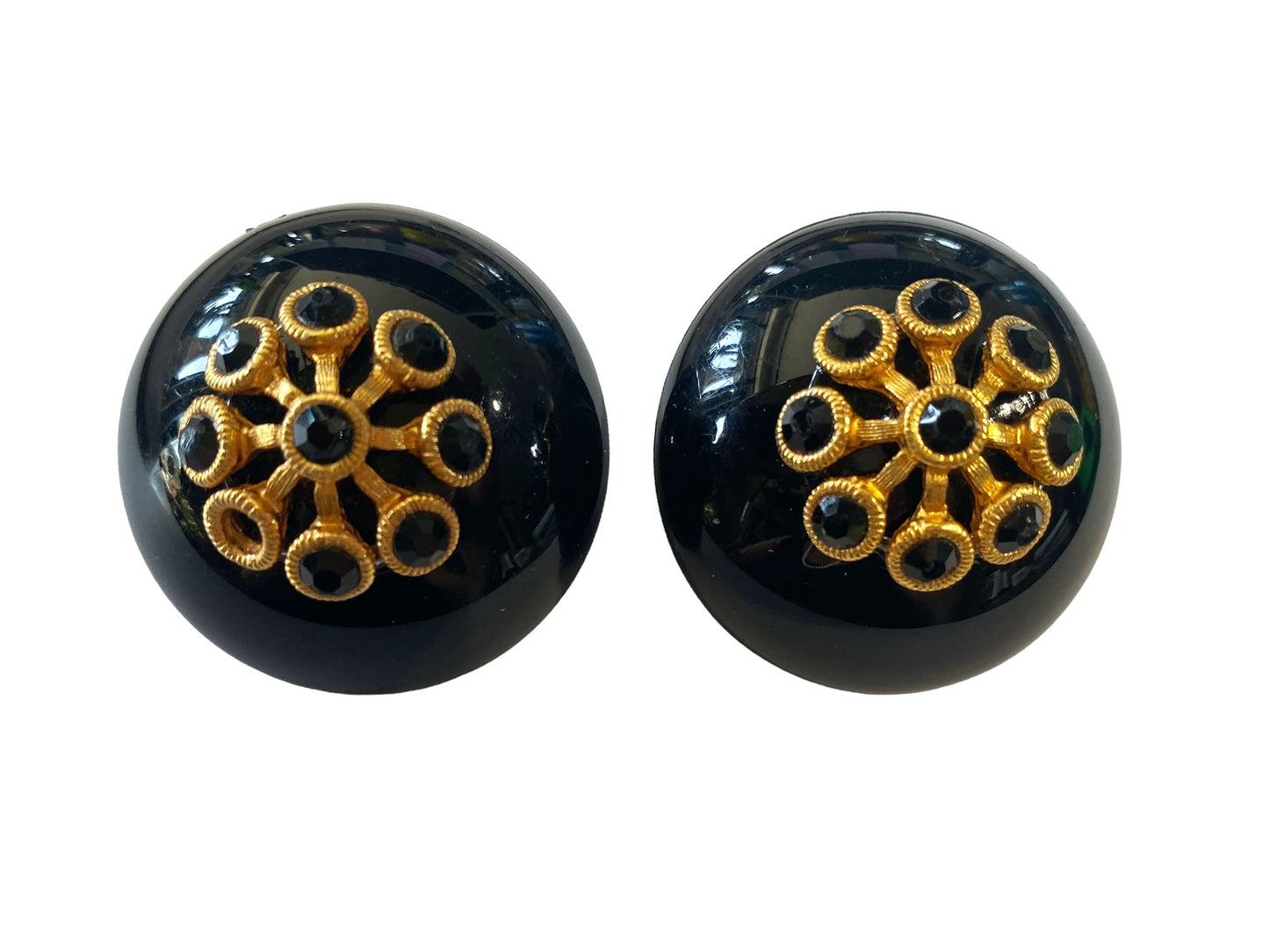 #6119 Vintage Large Black Bakelite Dome Earrings Clip On  Glossy 1.25" Diameter