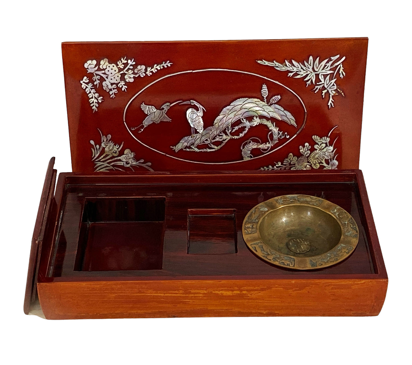 #6137 Vintage Korean Mother-Of-Pearl Inlaid Cigar Lacquer Box and ashtray