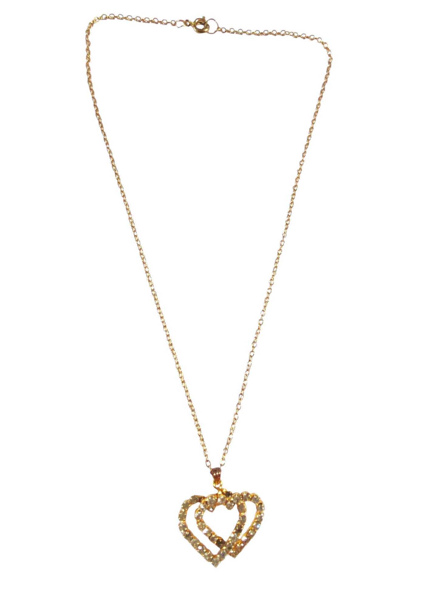 #6204  Gold Tone and Rhinestone  Interlocked Hanging Hearts Pendant Jewels By Rio