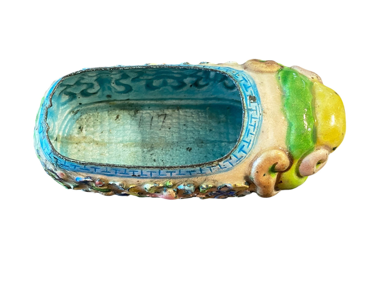 #6181 Antique Chinoiserie Colorful Enamels On Brass Mini Shoe 3.5" W