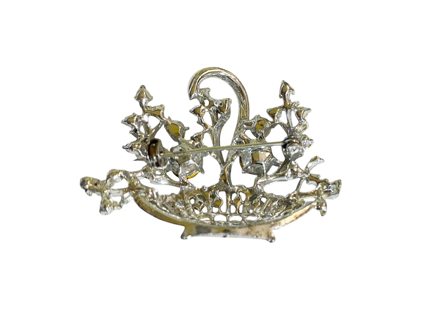 #6307 Vintage Clear Rhinestones Silver Tone Flower Basket Brooch