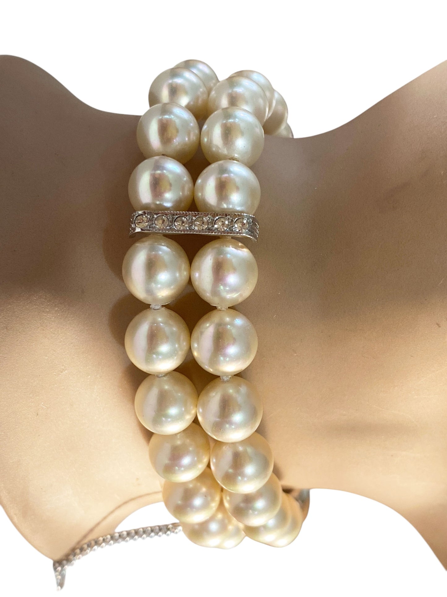 #6295 Vintage Czech Two Strand Pearl Bracelet With Faux silver tone  Diamond Clasp 8"