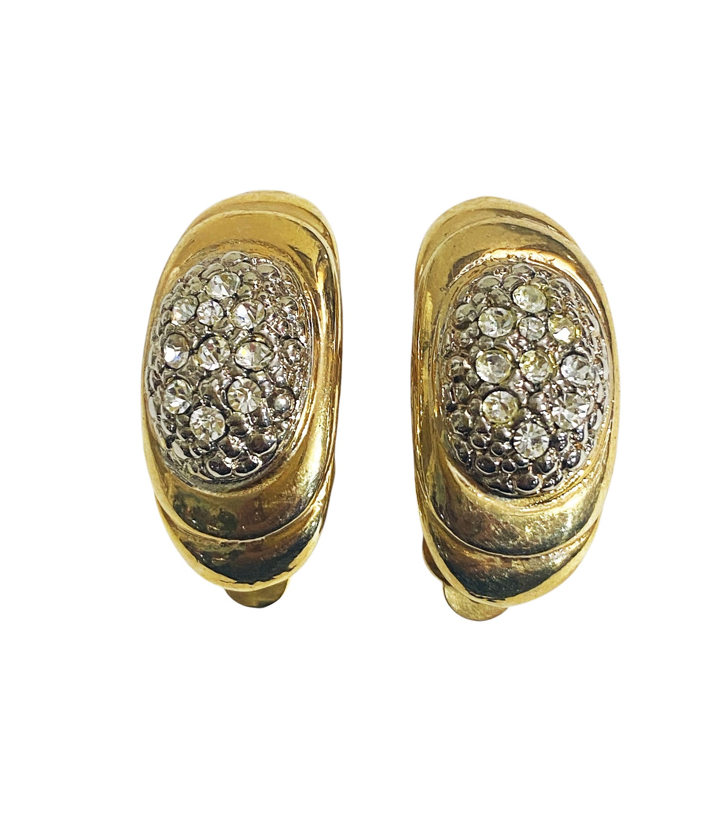 #6396 Vintage Gold Tone W/Shimmering Glass Diamonds Clips Earrings