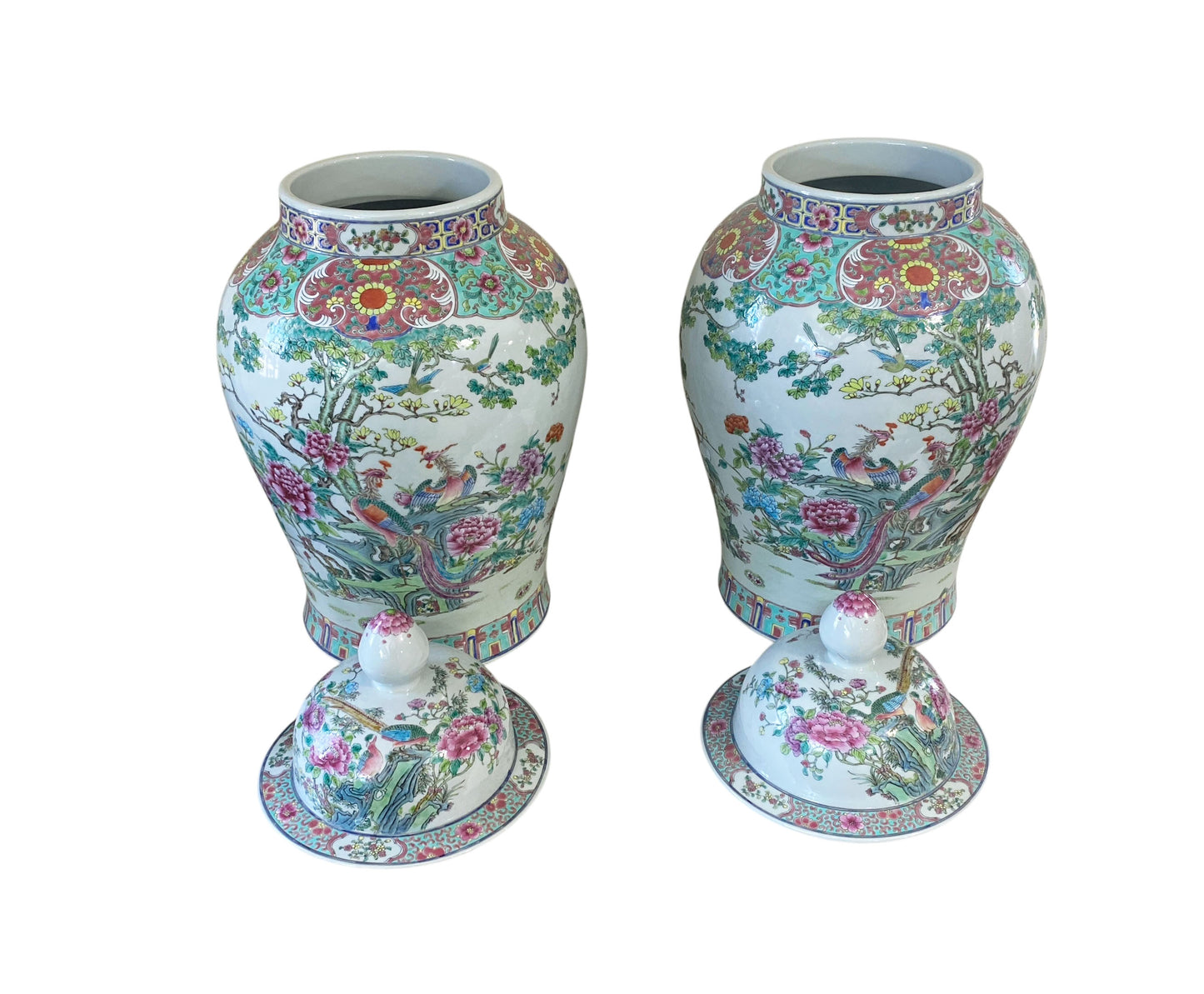 #5949 Vintage LG Chinoiserie Famille Rose Porcelain Ginger Jars 26" H Pair