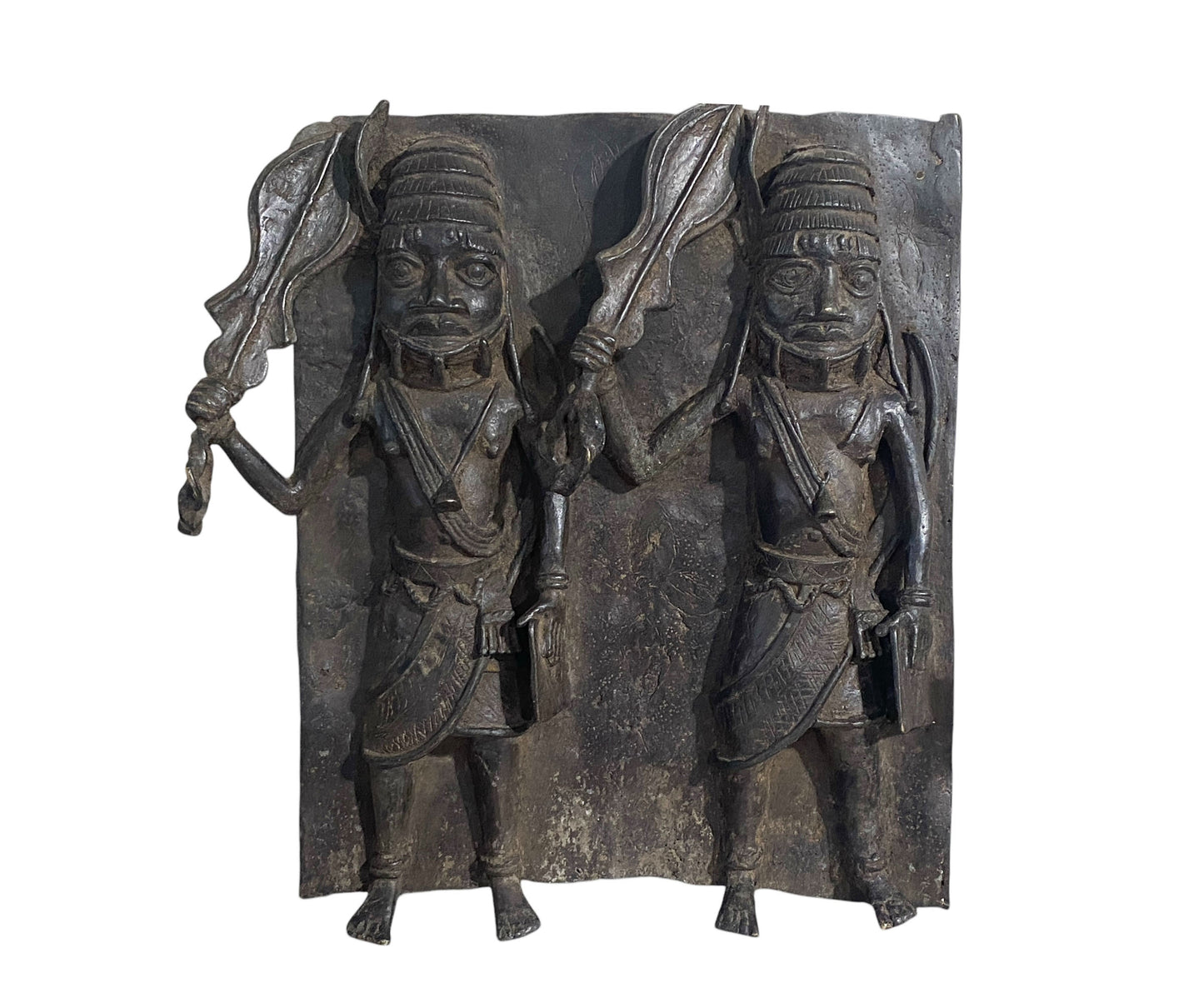 #3877 Vintage  Large African Benin Bronze Plaque W/ Warriors 18.25" H