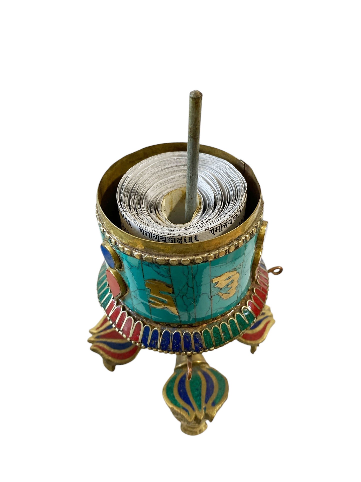 #1379 Nepalese Brass W/ Turquoise/Coral/Lapis Stones Table Top Prayer Wheel