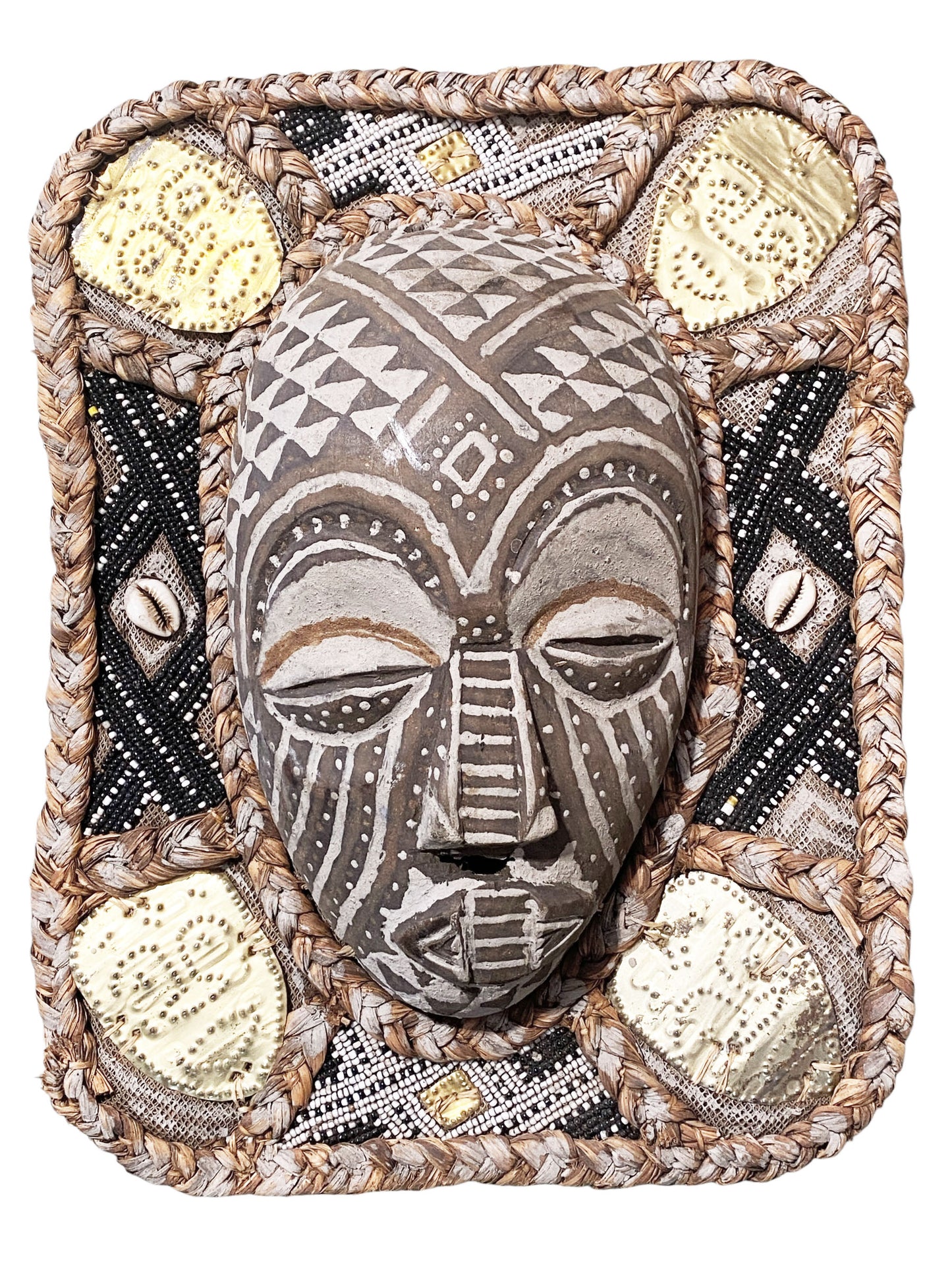 #6806 Vintage African Art Hand Carved Beaded Kuba Mask 13.5" H