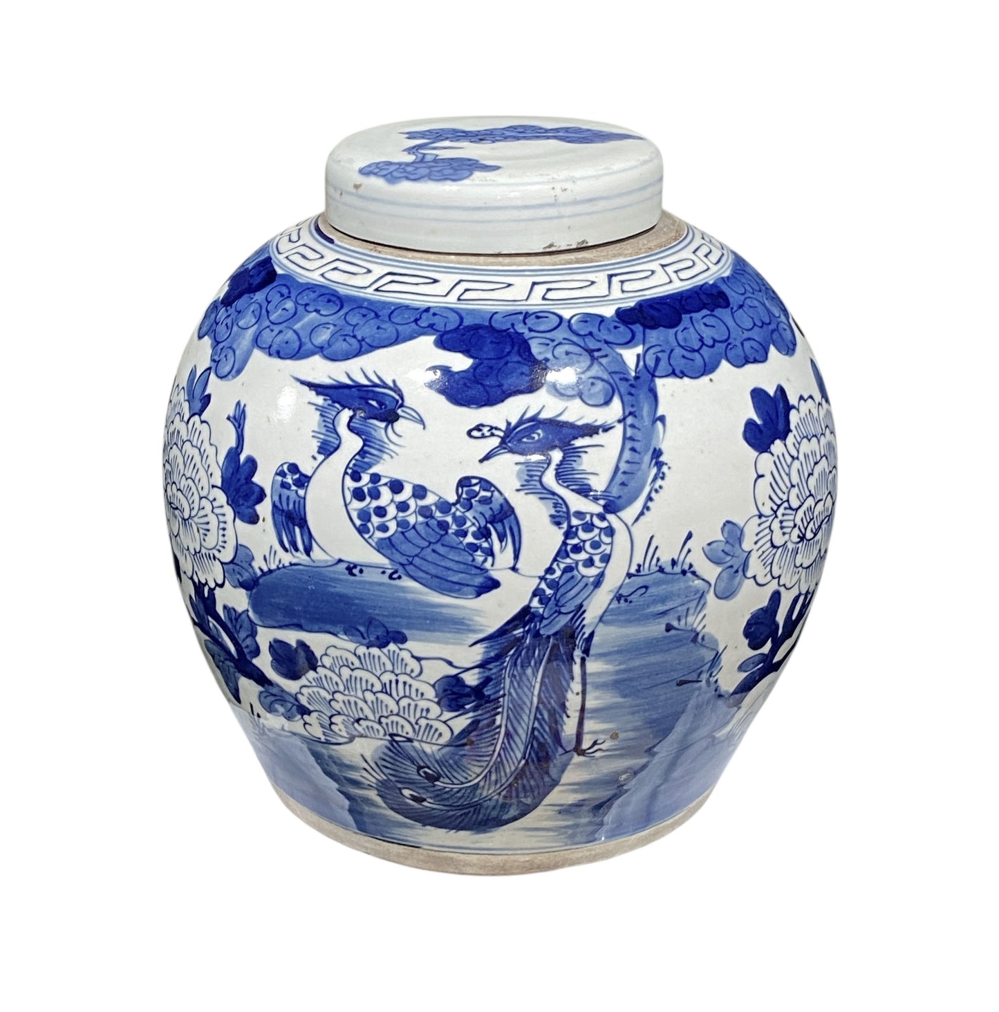#2319 Vintage Chinese LG B & W Phoenix Porcelain Ginger Jar 11.5"