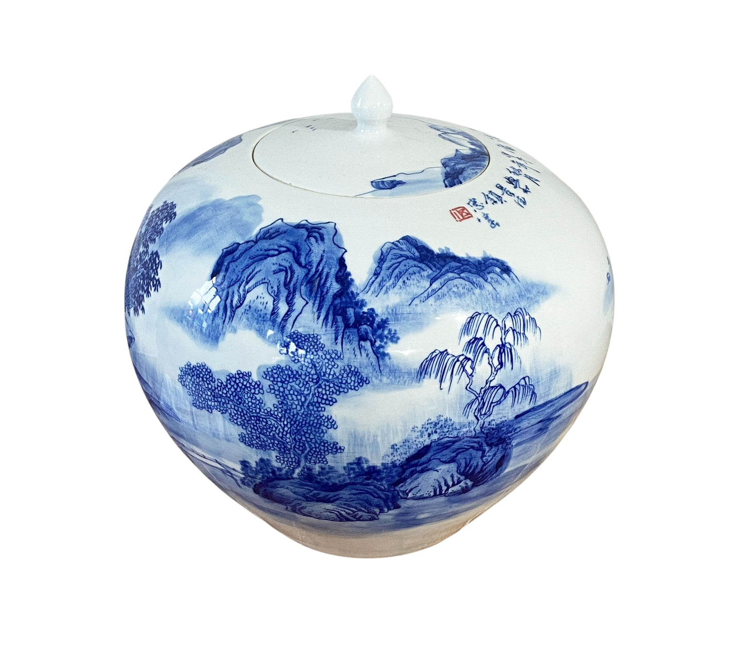 #6761 Vintage Chinoiserie B & W Porcelain Ginger Jar W/Scenery 12" H