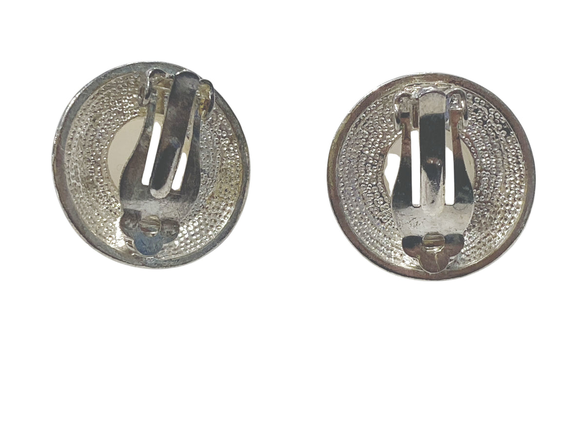 #80 Vintage Faux Pearl Earrings Round Shape Rhinestones Clip On white gold Tone