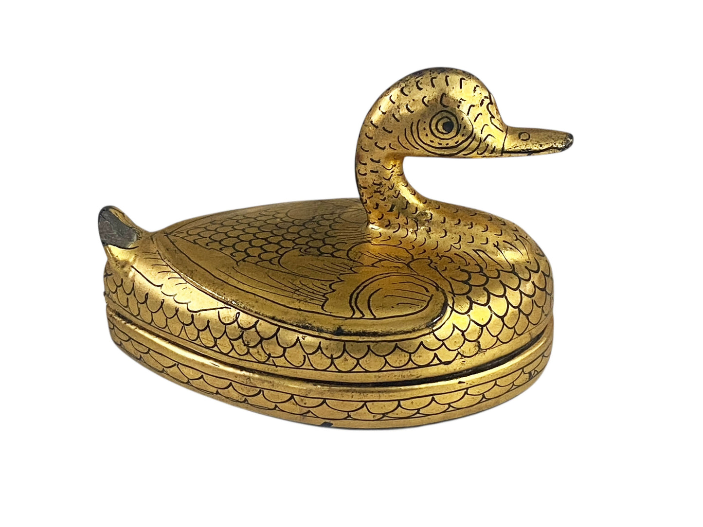 #674 Vintage Burmese Gold Painted Wood Lacquered Duck Trinket Box