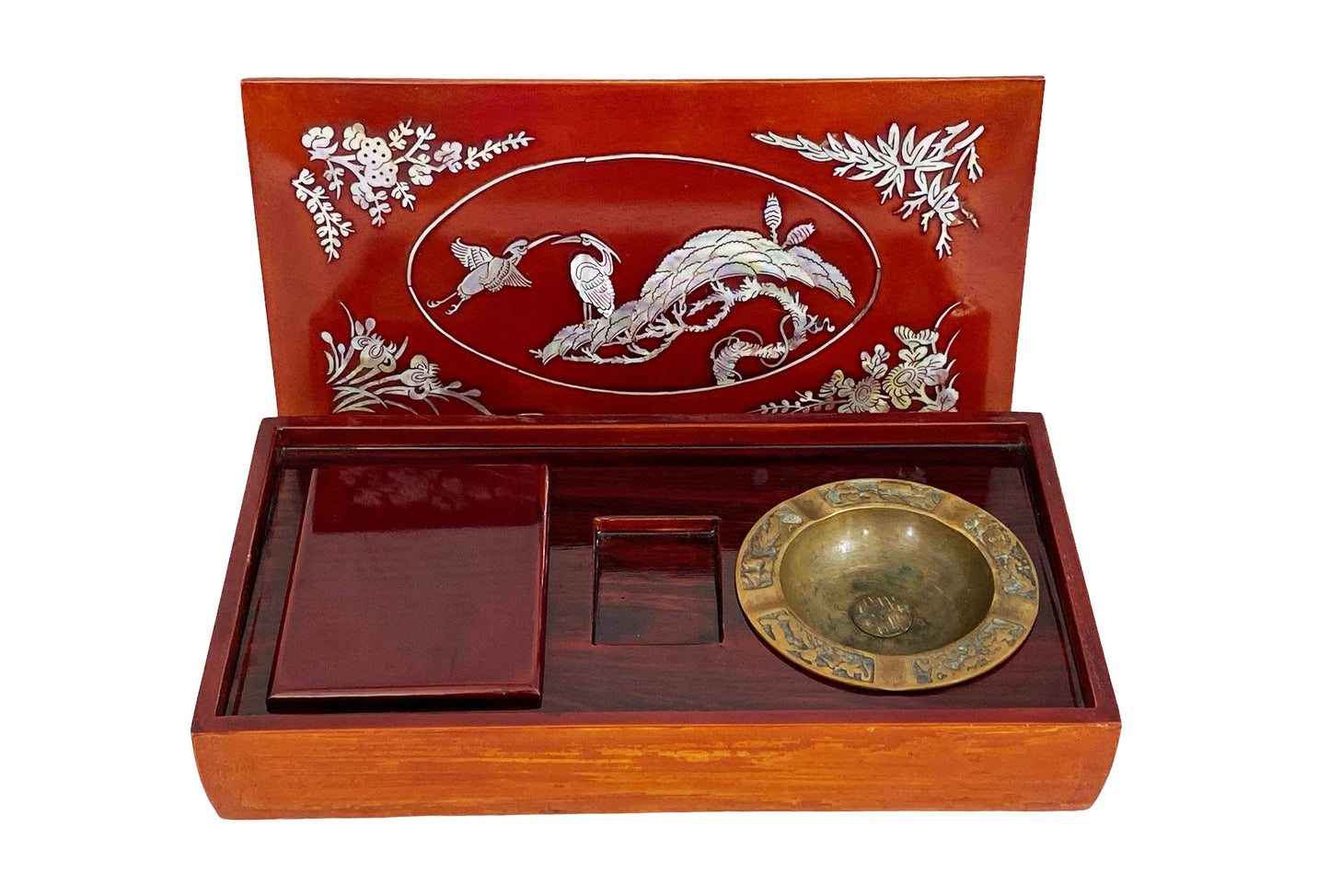 #6137 Vintage Korean Mother-Of-Pearl Inlaid Cigar Lacquer Box and ashtray