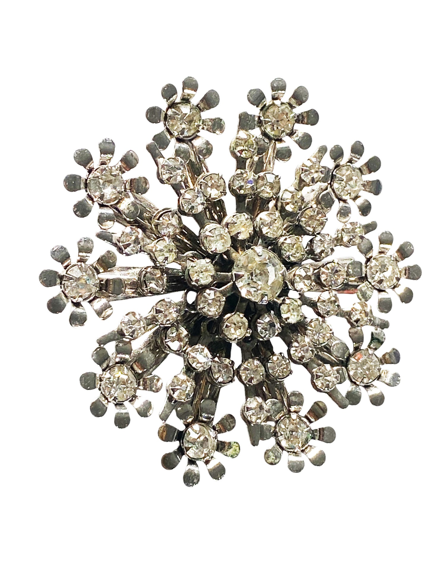#6280 Vintage Silver Tone Diamanté Clear Rhinestone Starburst Snowflake Pin Brooch