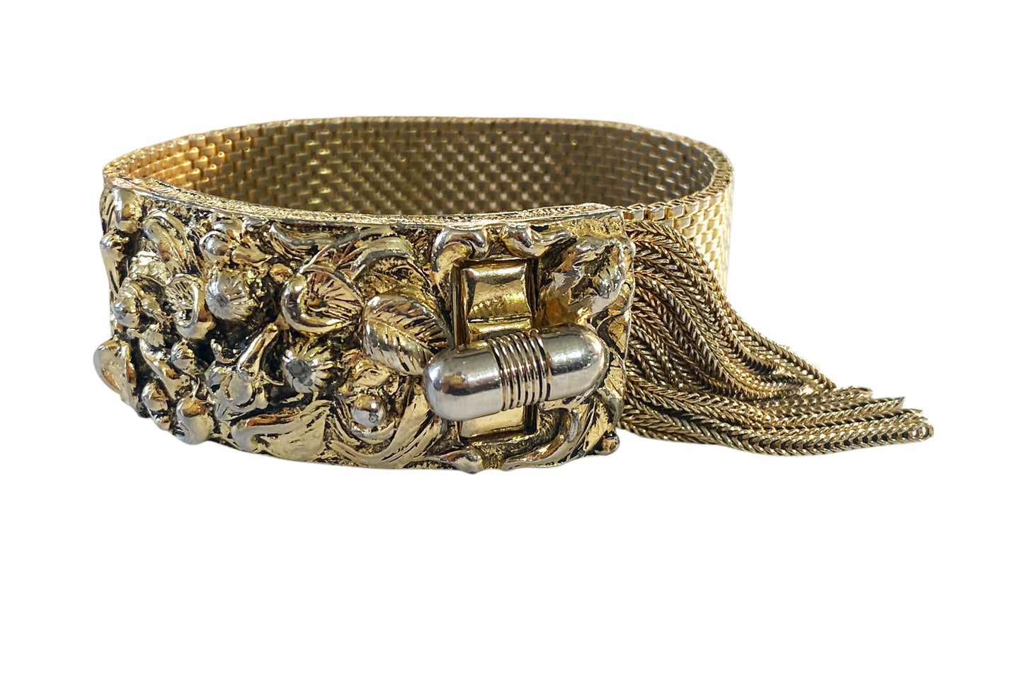 #6293 Vintage Goldstone Mesh Tassel Bracelet  8.25"