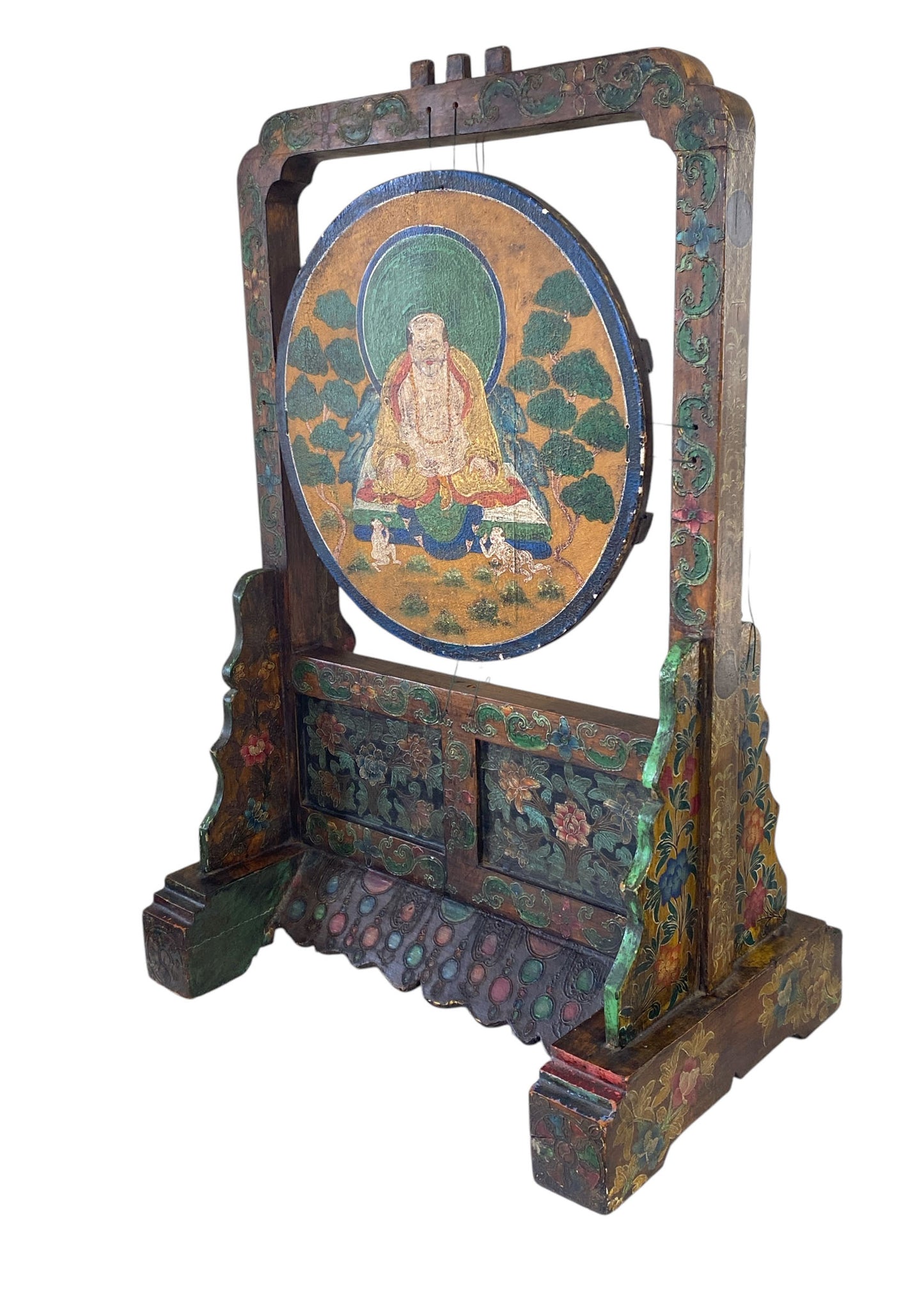 #6081 Large Tibetan Wood Gong On stand with Mallet striker 32.5" H