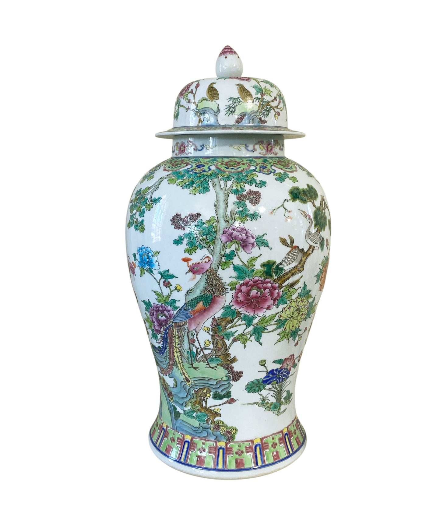 #3201 Vintage LG Chinoiserie Famille Rose Porcelain Ginger Jar 24" H