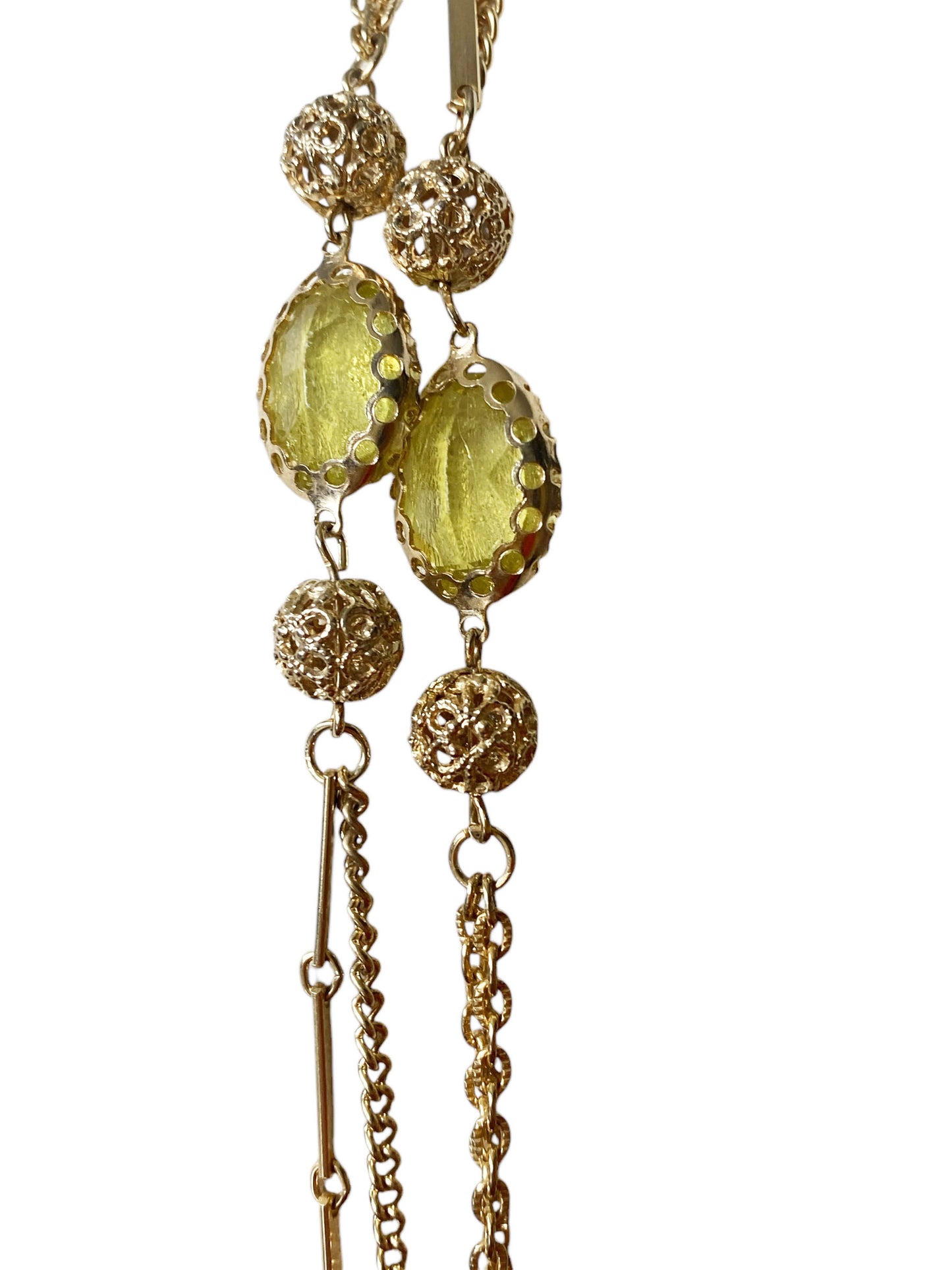 #6392 Vintage Gold tone and Greens Faux Citrine Long Necklace 26" H