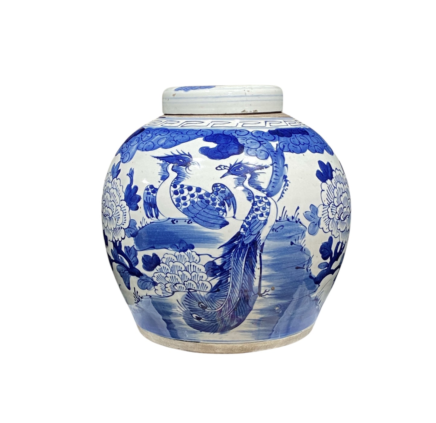#2319 Vintage Chinese LG B & W Phoenix Porcelain Ginger Jar 11.5"