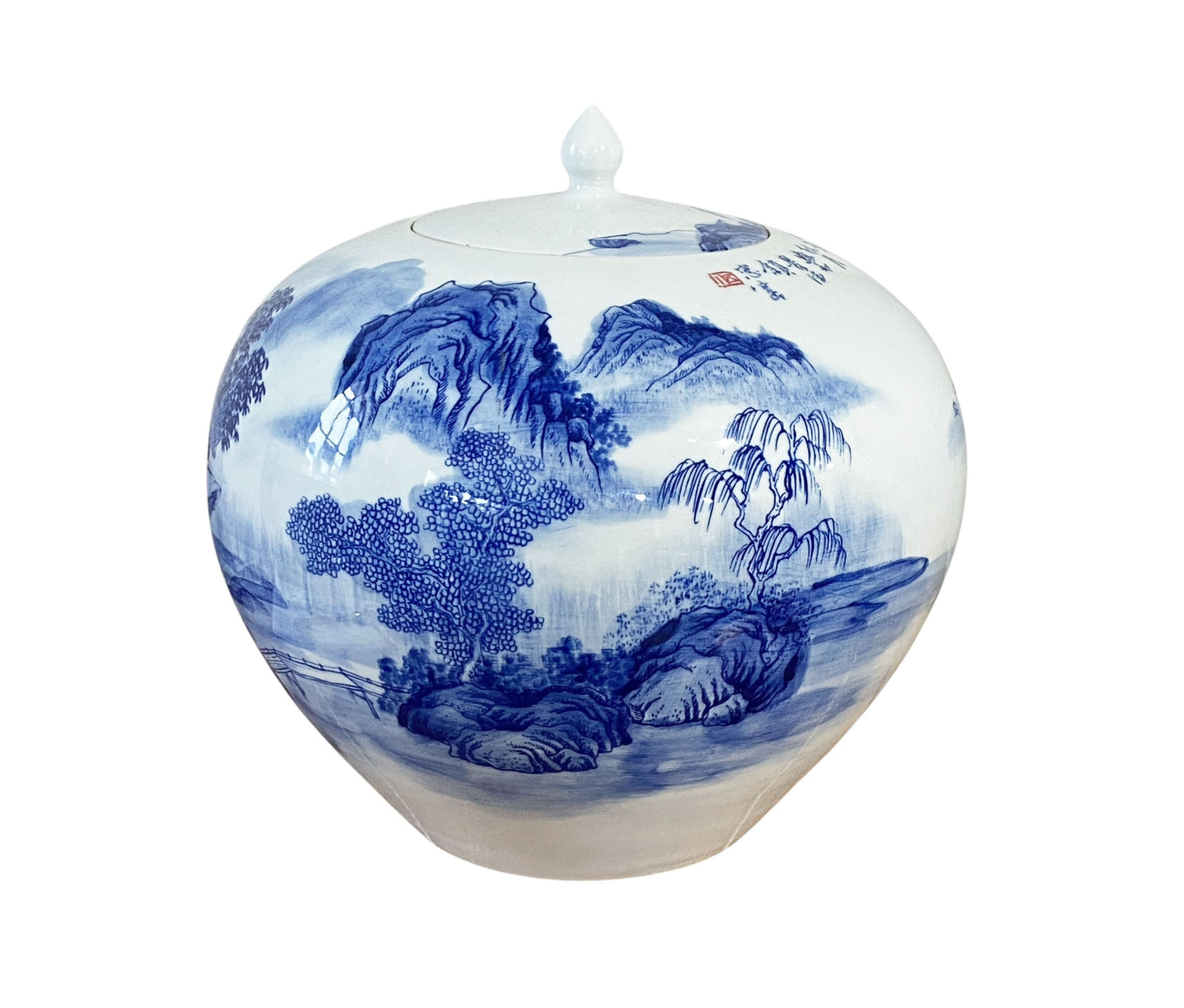 #6761 Vintage Chinoiserie B & W Porcelain Ginger Jar W/Scenery 12" H