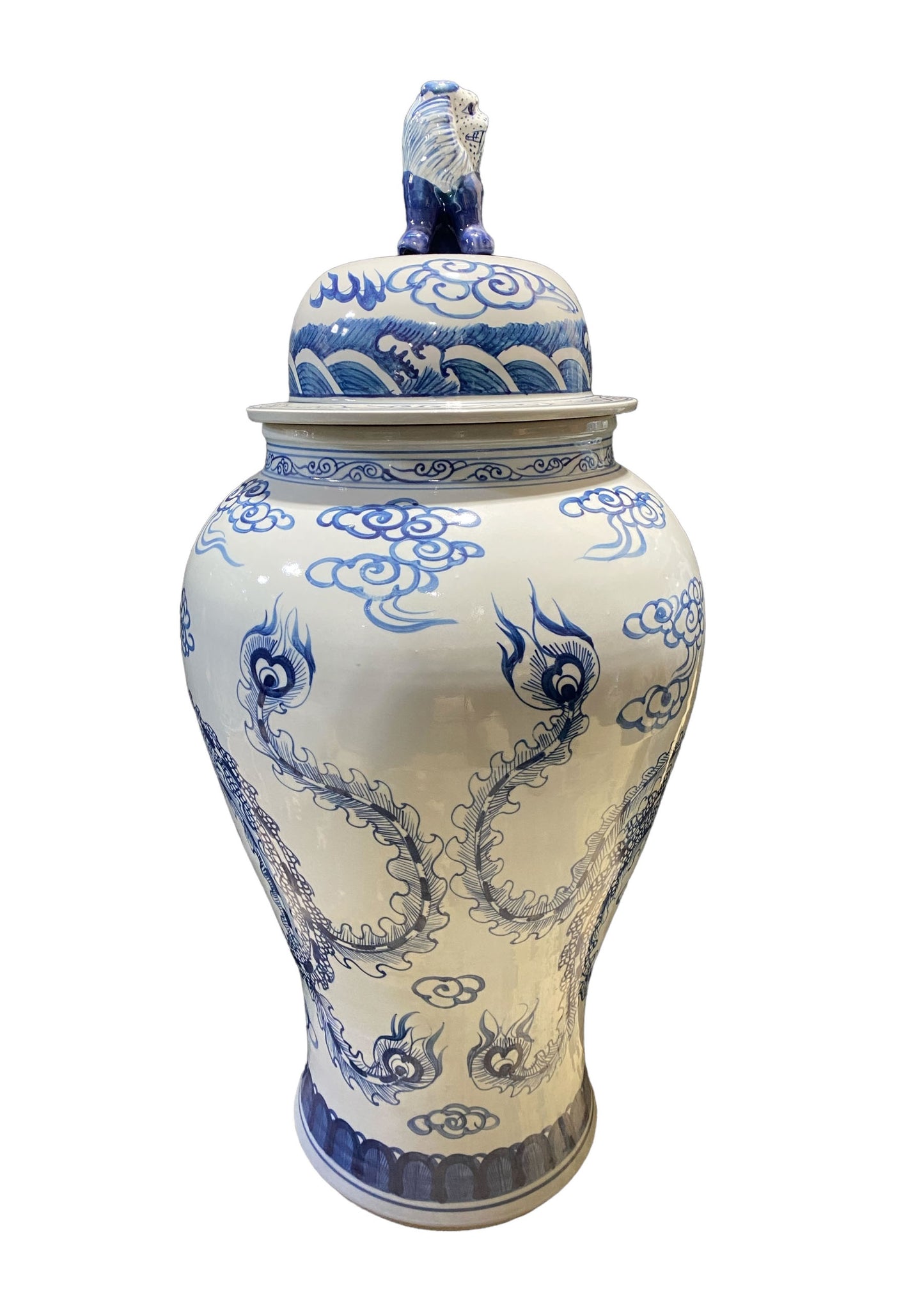 #7198 Large Chinoiserie Porcelain Ginger Peacocks Jar 37" H