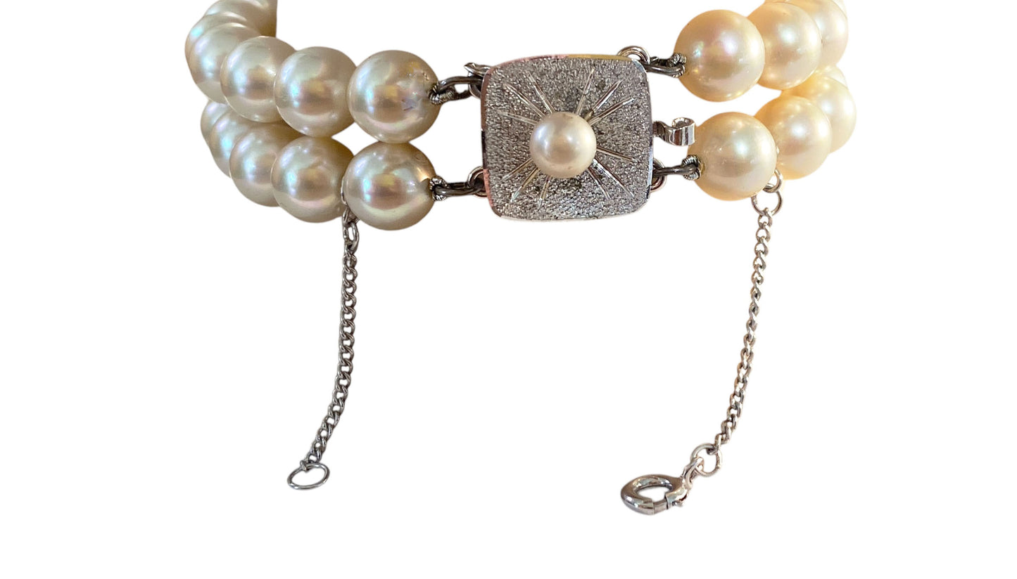 #6295 Vintage Czech Two Strand Pearl Bracelet With Faux silver tone  Diamond Clasp 8"