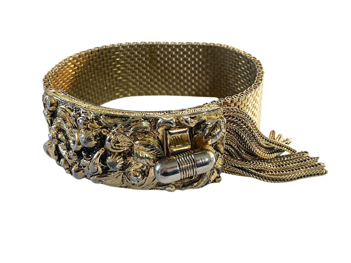 #6293 Vintage Goldstone Mesh Tassel Bracelet  8.25"