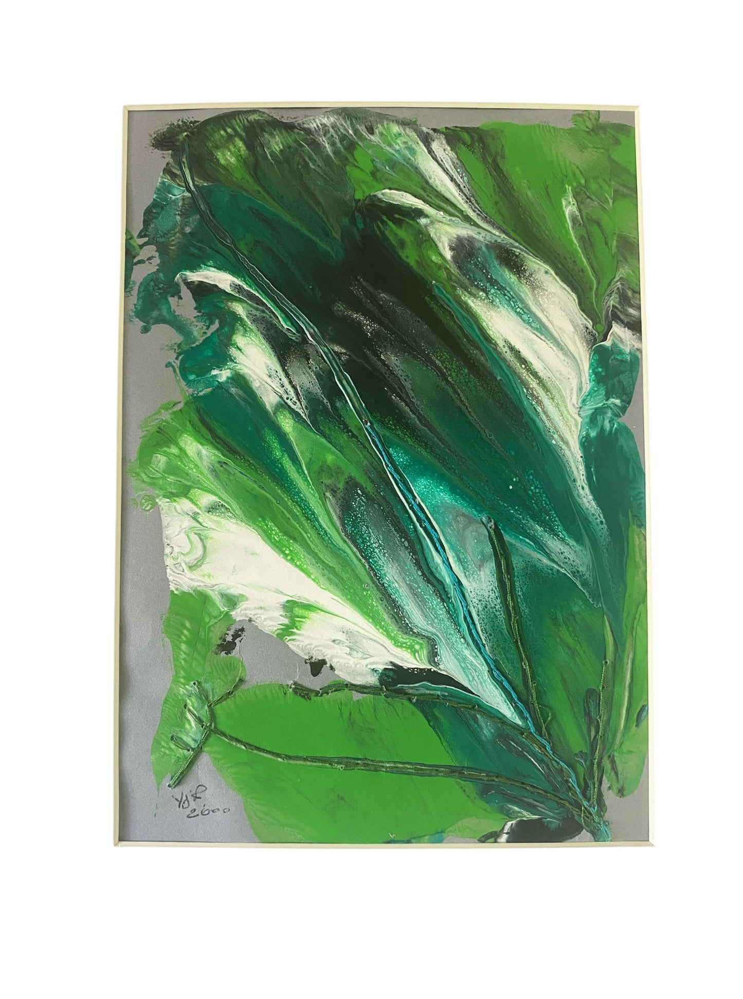 #6318 Acrylic and Embroidery Abstract on Paper Framed Feuillage By YJR