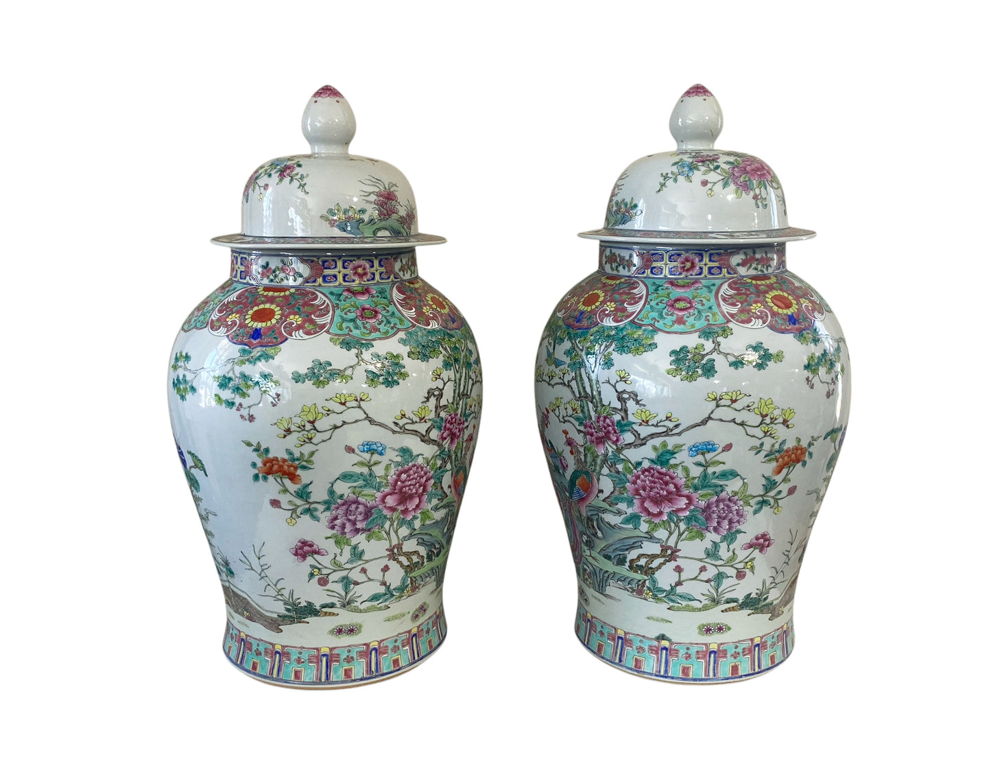 #5949 Vintage LG Chinoiserie Famille Rose Porcelain Ginger Jars 26" H Pair