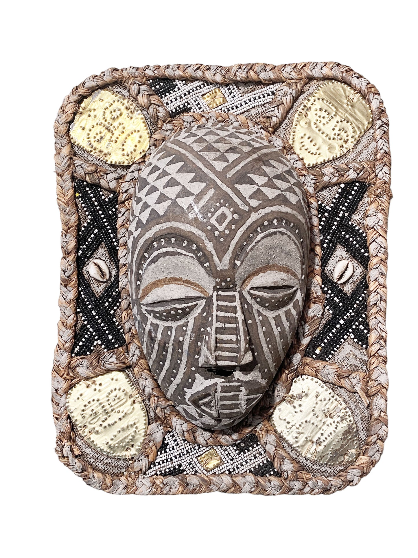 #6806 Vintage African Art Hand Carved Beaded Kuba Mask 13.5" H