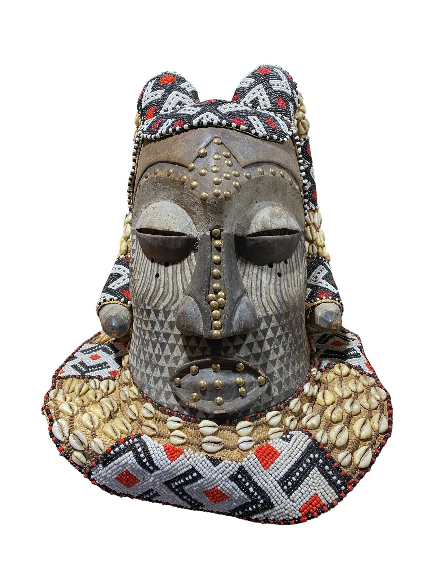 #681 Vintage Large African Tribal Kuba Royal Head Mask Congo 14" H
