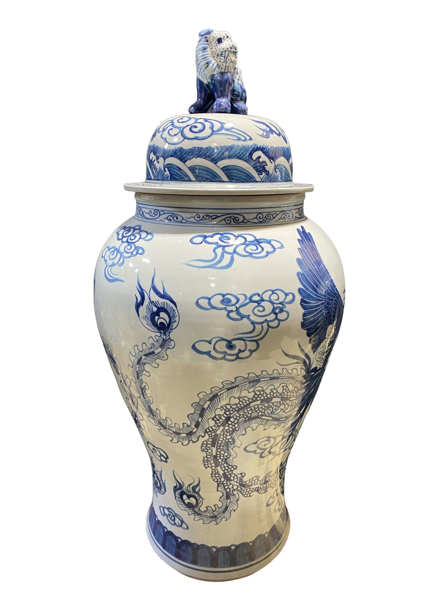 #7198 Large Chinoiserie Porcelain Ginger Peacocks Jar 37" H
