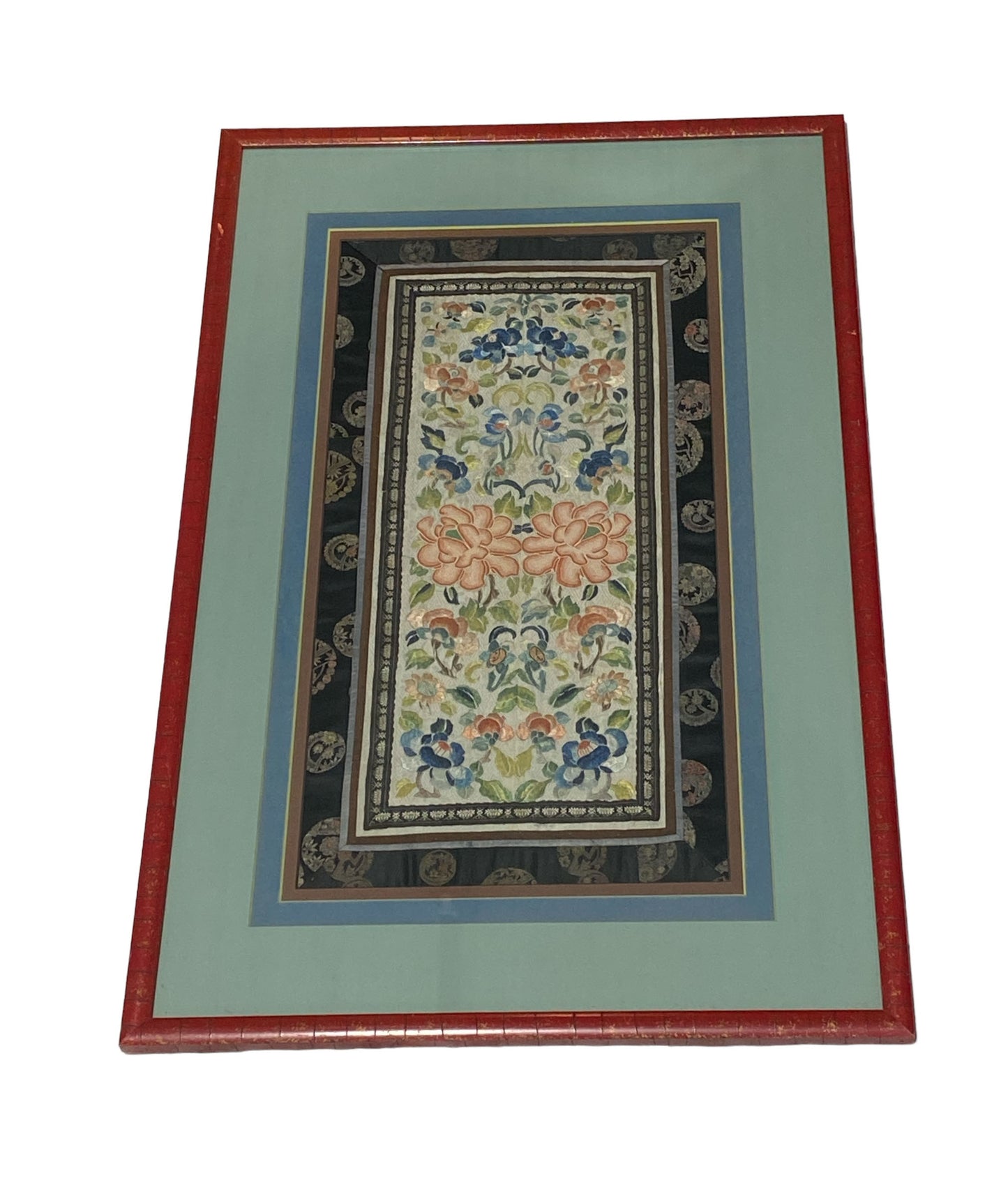 #1648/6012 Superb Chinese Silk hand embroidery Panel 19th Century Framed 20.5" H