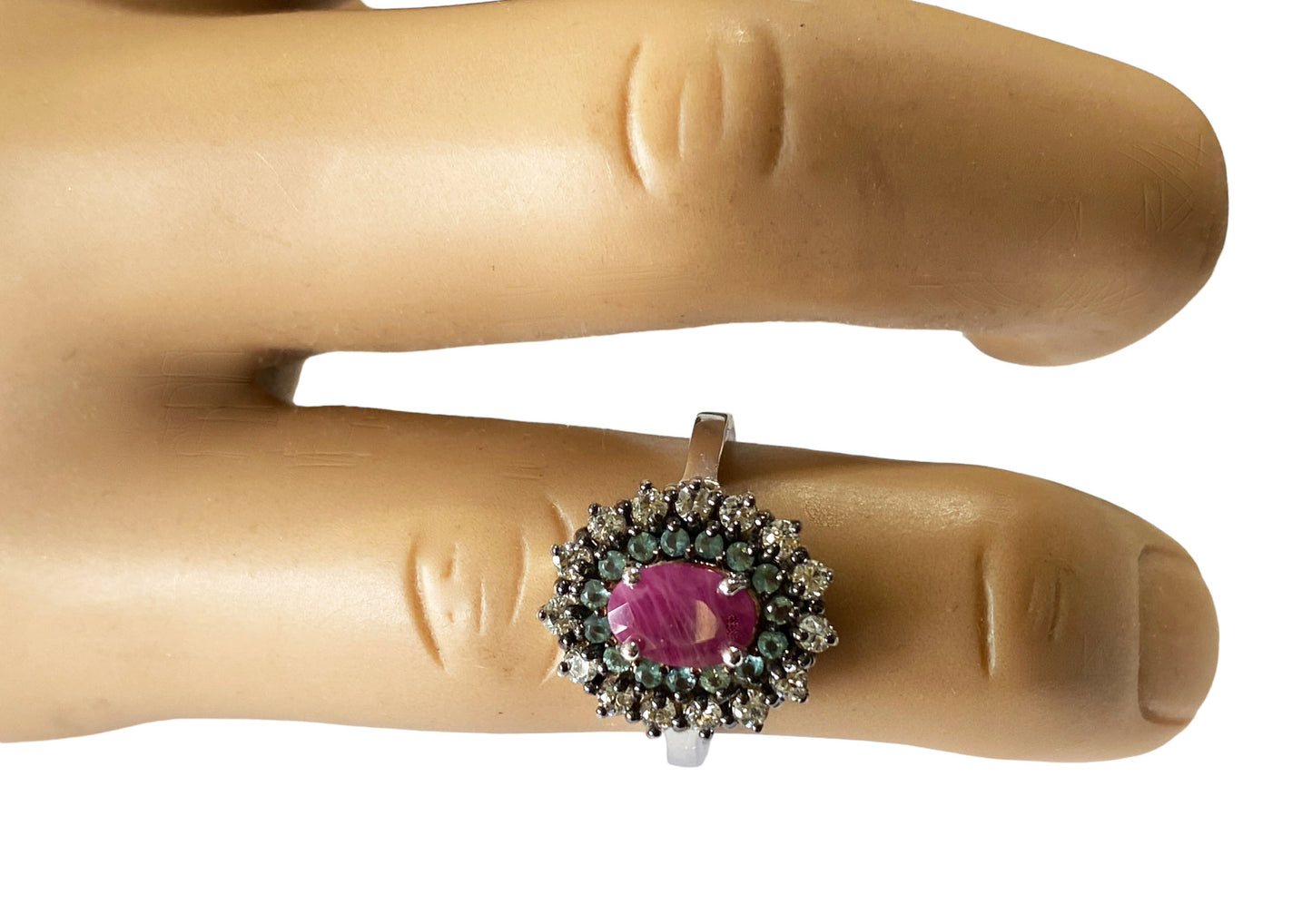 ##7253 Sterling Silver Ring With Rubi and Glass Aquamarine Diamond Stones Size 5