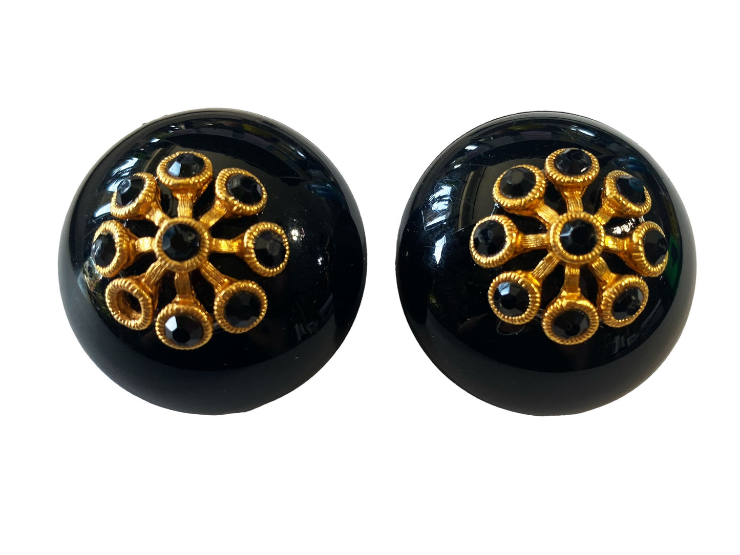 #6119 Vintage Large Black Bakelite Dome Earrings Clip On  Glossy 1.25" Diameter