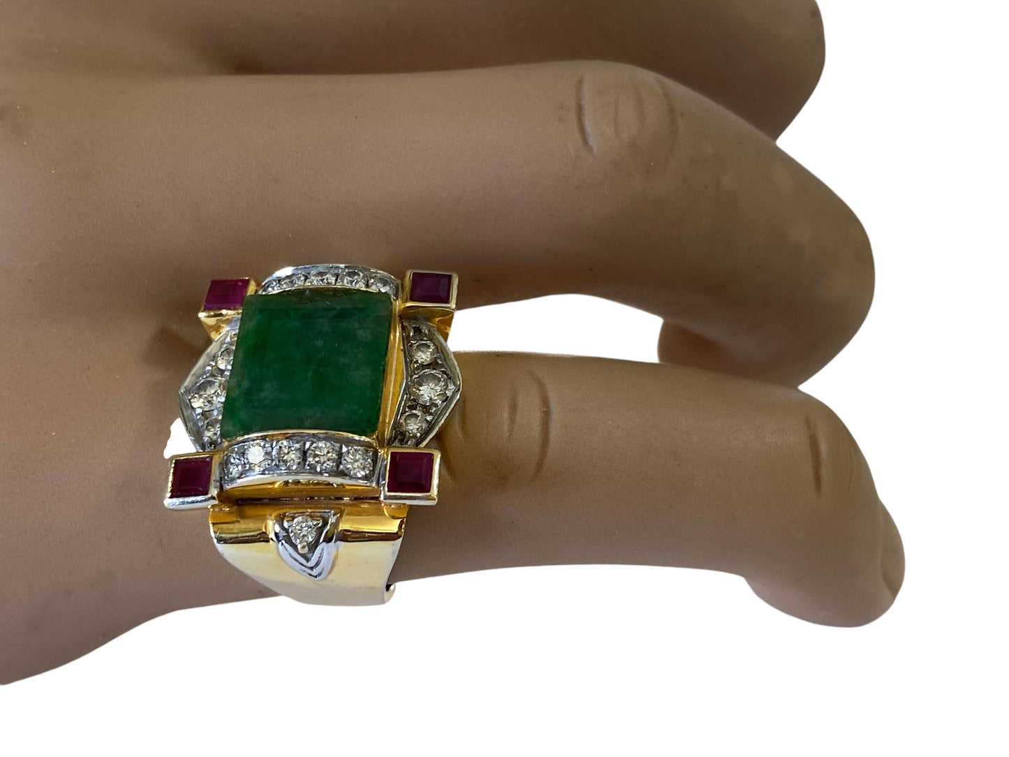 #6281 Art Deco 22K Gold ring w/jade /ruby/Diamond size 7