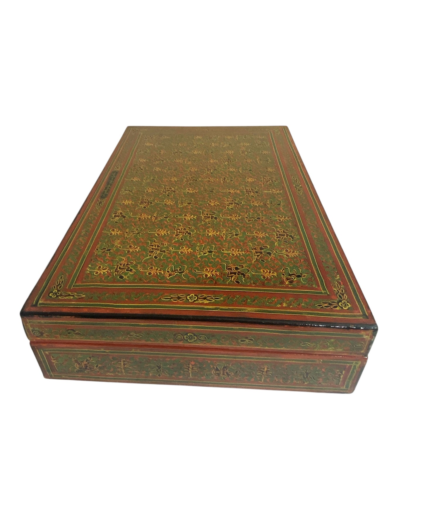 #6382 Vintage Large Burmese Asian Lacquer Wood Hand Painted Box 18' W