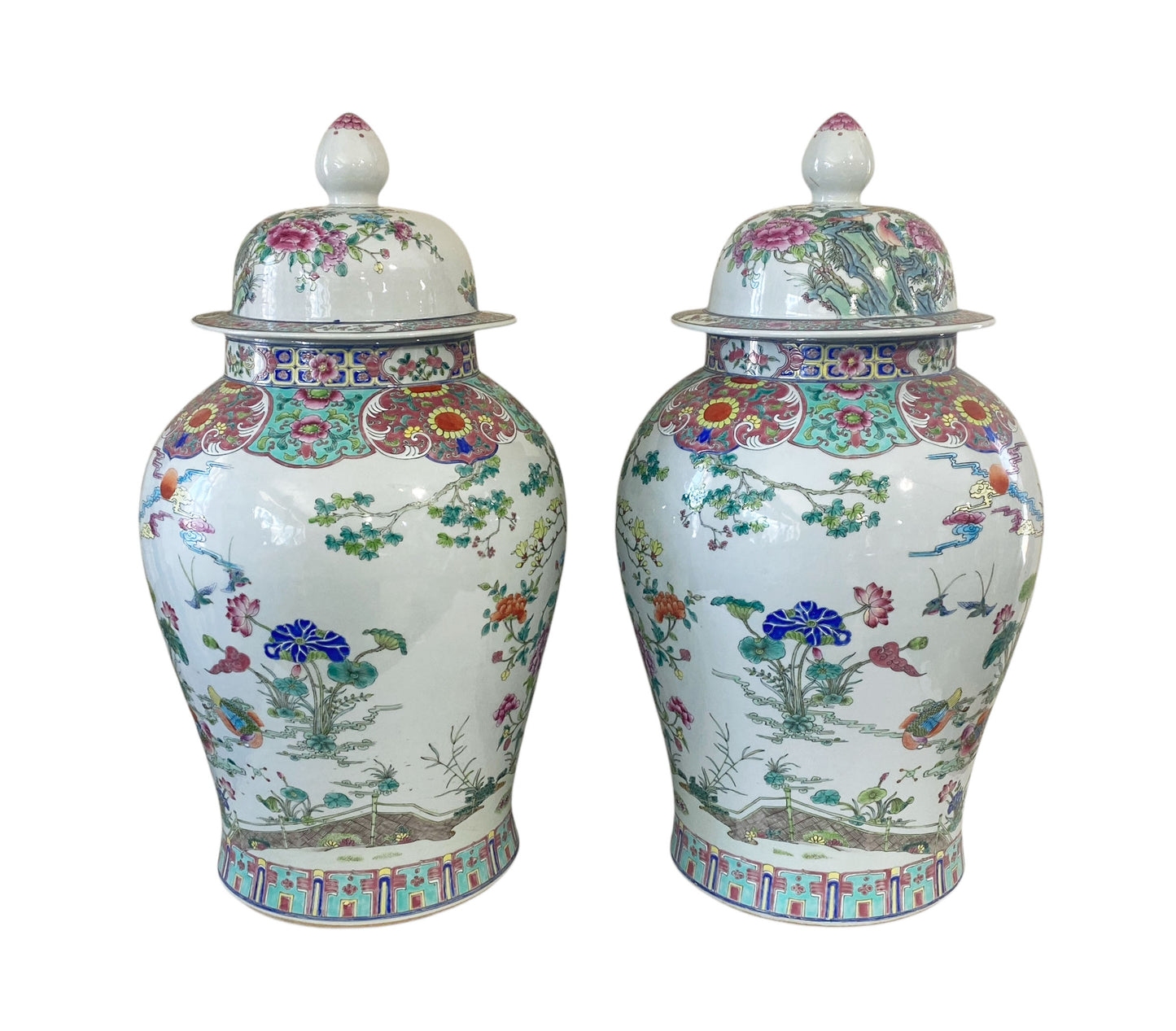 #5949 Vintage LG Chinoiserie Famille Rose Porcelain Ginger Jars 26" H Pair
