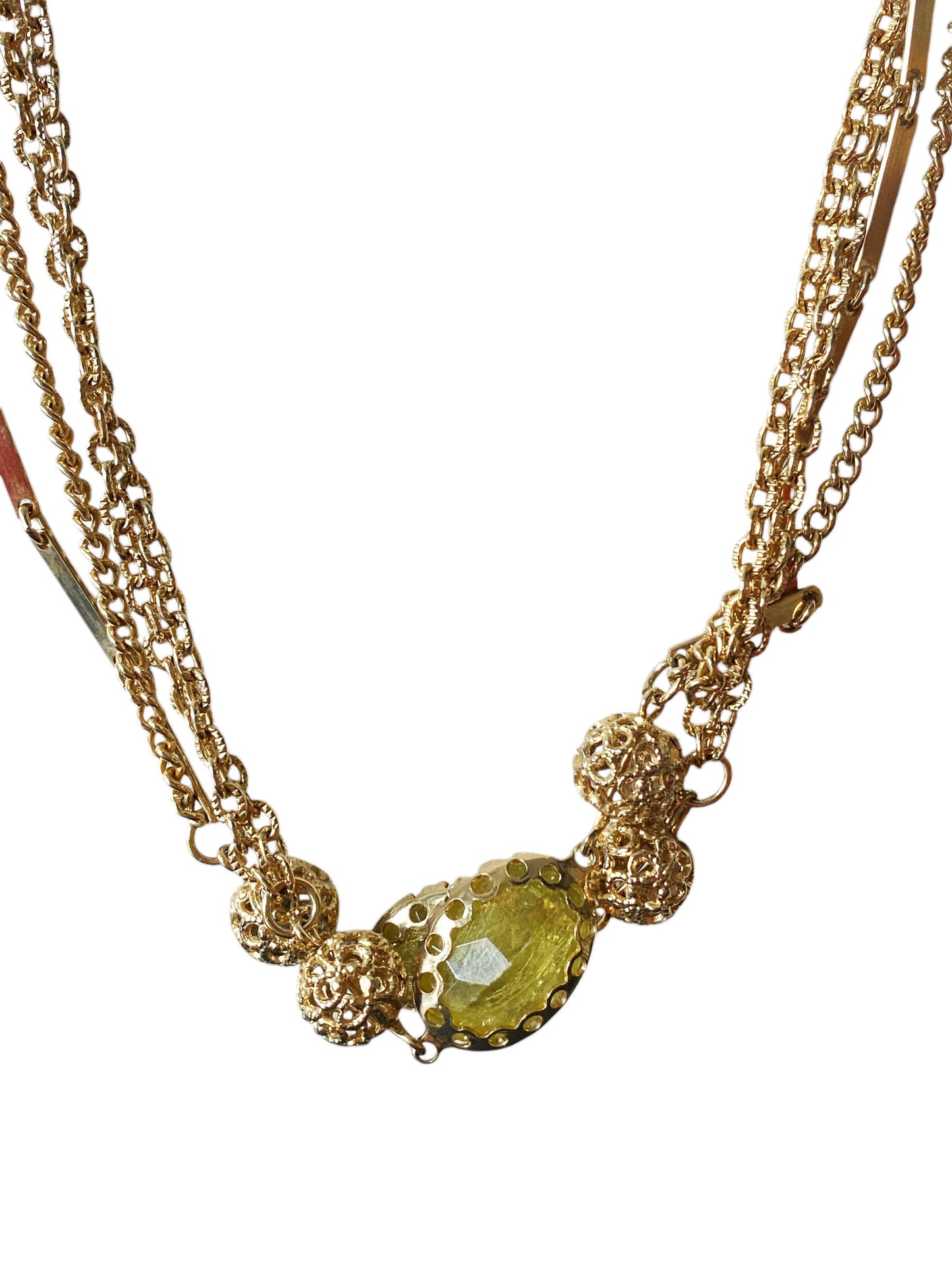 #6392 Vintage Gold tone and Greens Faux Citrine Long Necklace 26" H