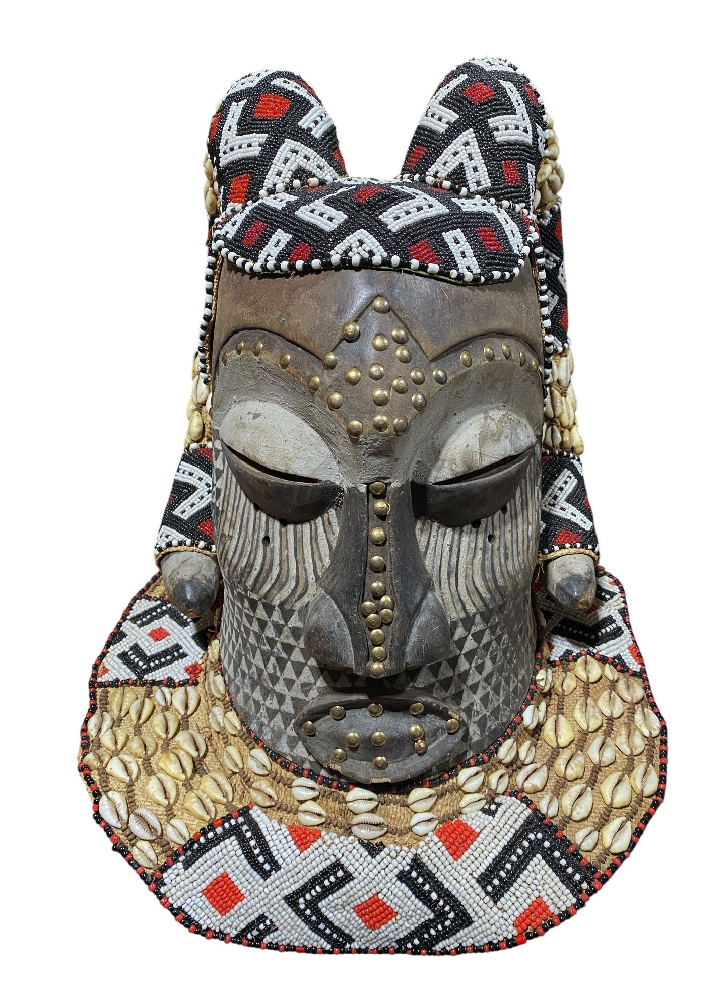 #681 Vintage Large African Tribal Kuba Royal Head Mask Congo 14" H